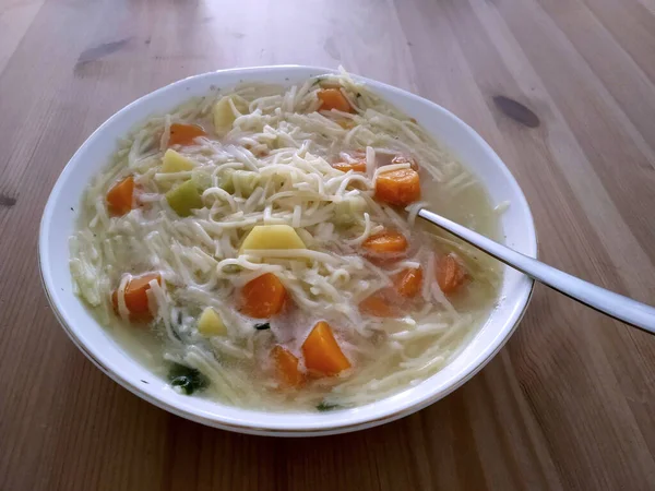 Gericht Aus Frischer Hausgemachter Gemüsenudelsuppe — Stockfoto