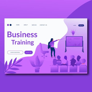 İş Eğitimi- Düz Açılış sayfası şablonu. Web tasarımı için modern düz konsept. Kadın ve sunum ile vektör illüstrasyon. Seminer. Konferans.