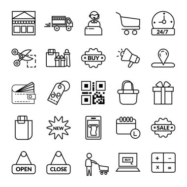 alışveriş simgesi seti- vektör siyah doğrusal alışveriş sembolü simge seti