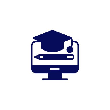 Eğitim sembolü simgesi- eğitim başlığı, monitör ekran vektör illüstrasyon kalem
