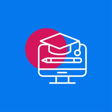 Eğitim sembolü simgesi- eğitim başlığı, monitör ekran vektör illüstrasyon kalem