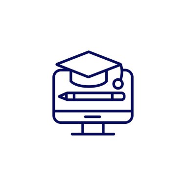 Eğitim sembolü simgesi- eğitim başlığı, monitör ekran vektör illüstrasyon kalem