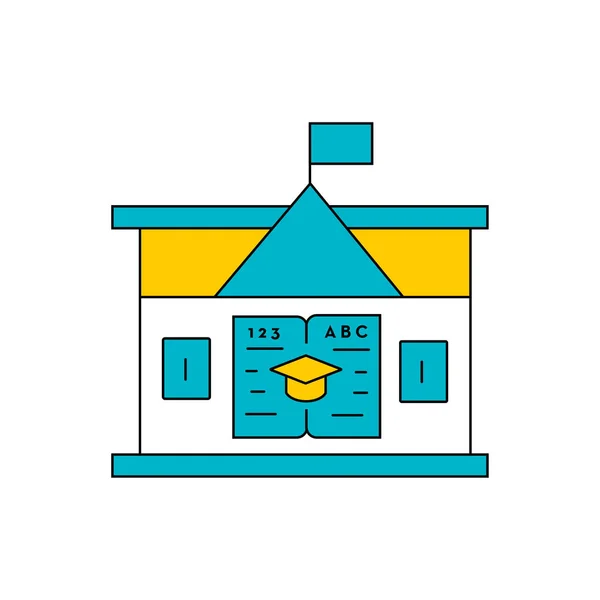 Bildungs-Icon - Schule mit Fahne, Bildungs-Mütze mit Buch-Vektor-Symbol — Stockvektor