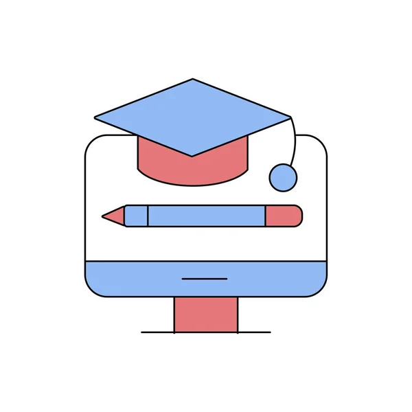 Oktatási szimbólum ikonja-oktatási sapka, ceruza a monitor képernyőjén vektor illusztráció — Stock Vector