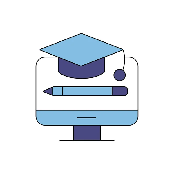 Ícone de símbolo de educação boné de educação, lápis na tela do monitor ilustração vetorial — Vetor de Stock
