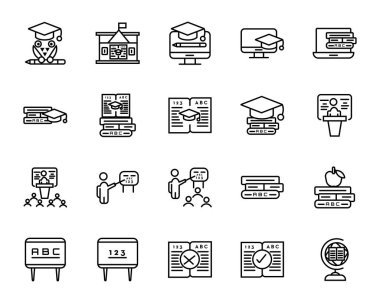 Düz tasarım eğitiminde, okul ve üniversitede vektör çizgisi simgelerini mobil kavramlar ve web uygulamaları için öğelerle ayarlayın