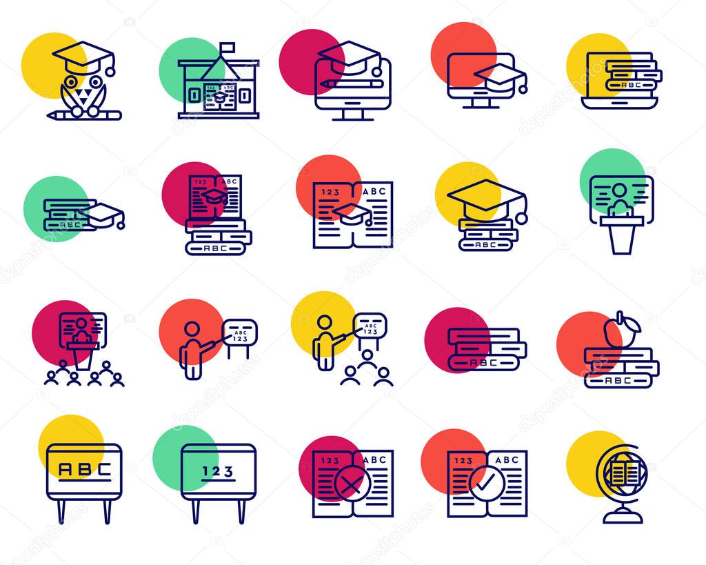 Set of flat line design icons of online education and e-learning. Vector illustration concepts for graphic and web design