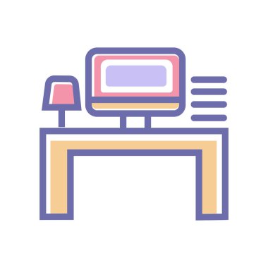 İş yeri ya da ofis işi ikonu. Bilgisayar masası lambası ve mini benliği olan vektör simgesi