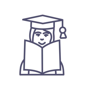 Eğitim öğrenme simgesi- öğrenci veya profesör işareti sembolü ile açık kitap.