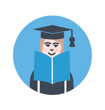 Eğitim öğrenme simgesi- öğrenci veya profesör işareti sembolü ile açık kitap.