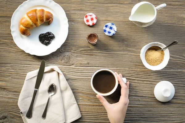 Table Petit Déjeuner Avec Croissant Café — Photo