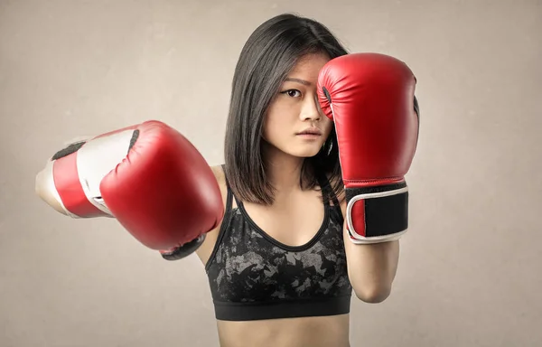 Beautiful Asian Woman Boxing Gloves — Stock Photo, Image