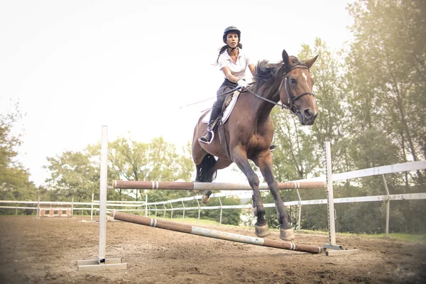 Belle Fille Monter Cheval Sauter Obstacle — Photo