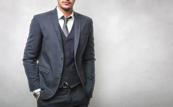 Handsome Young Man Suit Hands Pokets — Stock Photo, Image