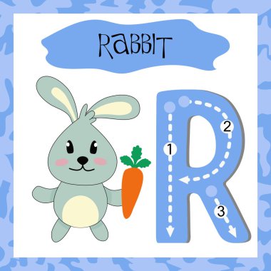 Mektup R büyük harf sevimli çocuklar renkli hayvanat bahçesi ve hayvanlar İngilizce kelime ve el yazısı öğrenen çocuklar için Gri Tavşan flashcard izleme Abc alfabesi 