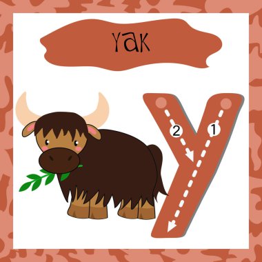 İngilizce kelime ve el yazısı öğrenen çocuklar için Yak Harfi Y büyük harf sevimli çocuklar renkli hayvanat bahçesi ve hayvanlar Abc alfabesi izleme flashcard 