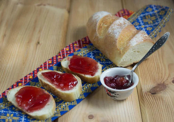 Toasts Jam Wooden Background Loaf Bread — Stock Photo, Image