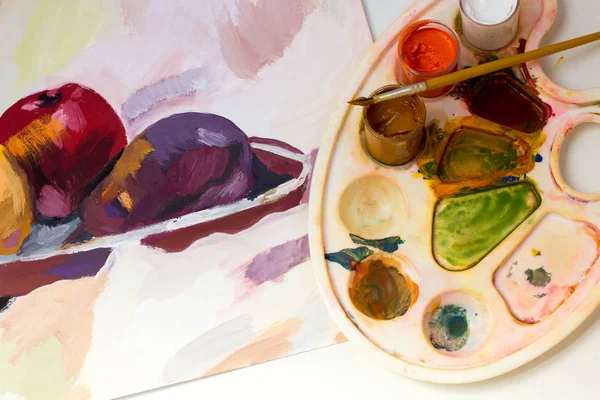 The process of drawing still life in gouache. Art studio for adults concept