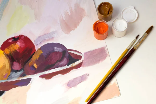 The process of drawing still life in gouache. Art studio for adults concept