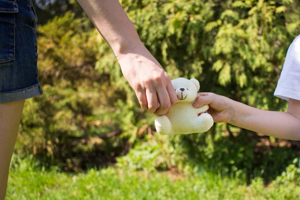 Mãe Mão Bebé Mãe Filho Carregam Brinquedo Macio Conceito Dia — Fotografia de Stock