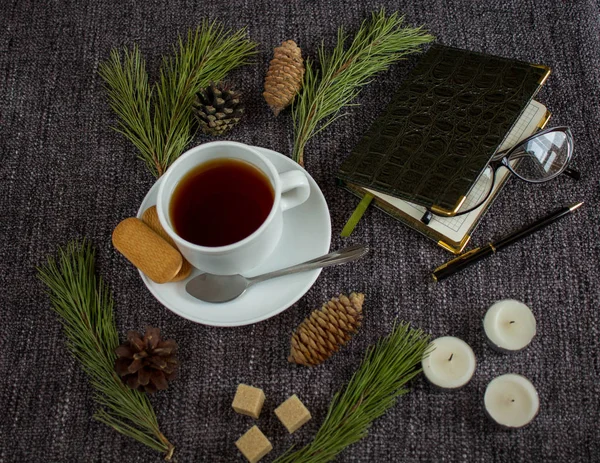 Cup of fragrant hot tea among Christmas tree branches and pine c — Stock Photo, Image