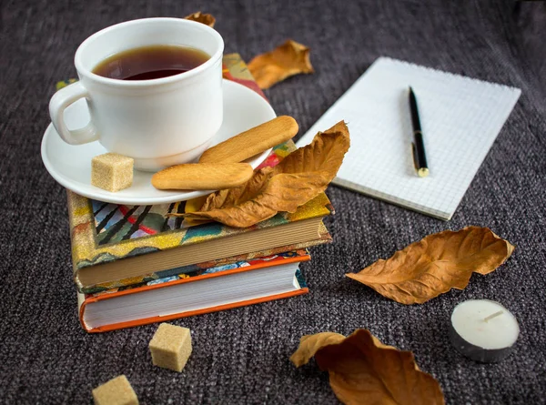 Cup of fragrant hot tea among yellow leaves on a plaid. — Stock Photo, Image