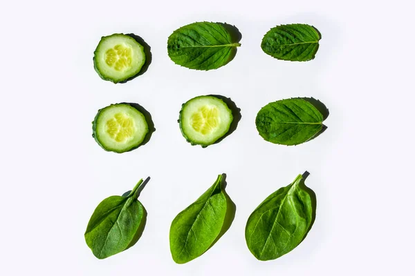 Pattern Fresh Green Ingredients Salad White Background Flat Lay Creative — Stock Photo, Image