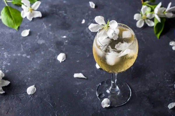 Apple cider or Calvados with ice cubes in wine glass. Refreshing cool summer drink, lemonade or ice tea decorated with apple tree petals. Copy space for text, low key