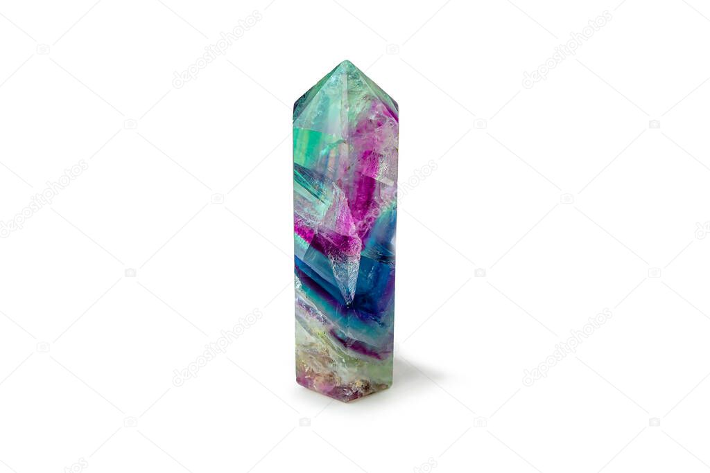 Gemstones fluorite crystal on white backgroung. Magic rock for mystic ritual, witchcraft and spiritual practice. Natural stone to attract love and energy. Copy space for text