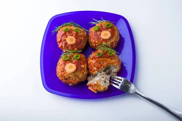 Comida Infantil Comida Graciosa Placa Con Chuletas Trigo Sarraceno Albóndigas —  Fotos de Stock