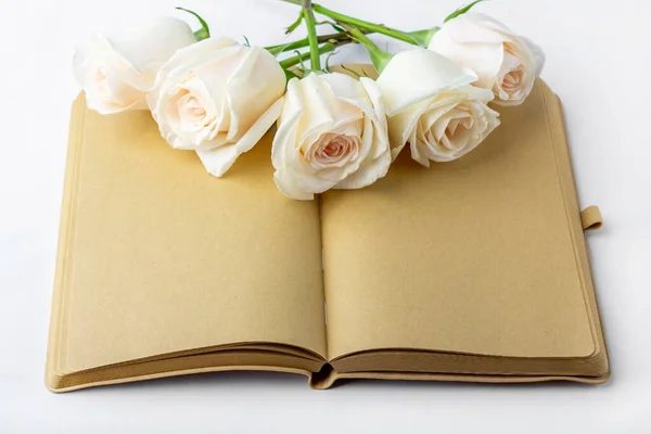 Diário Branco Aberto Caderno Caderno Decorado Com Rosas Brancas Com — Fotografia de Stock