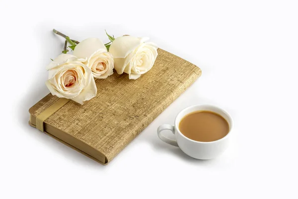 Flowers Romantic Composition Morning Coffee Mug Breakfast Notebook Notepad White — Stock Photo, Image