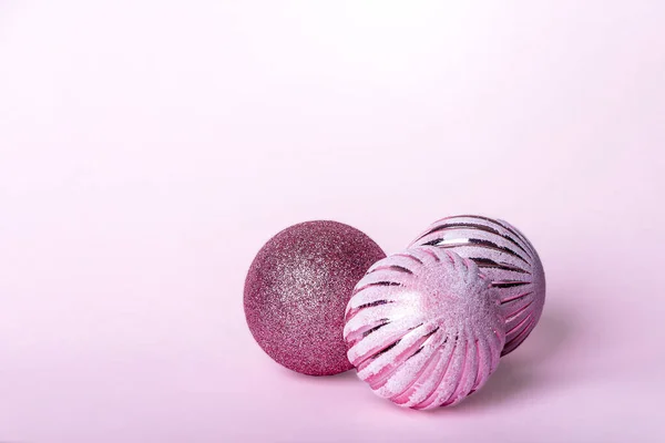 Christmas Composition Three Christmas Pink Bauble Shiny Balls Hanging Pastel — Stock Photo, Image