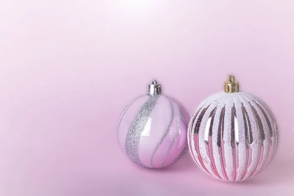 Christmas Composition Two Christmas Pink Bauble Shiny Balls Hanging Pastel — Stock Photo, Image