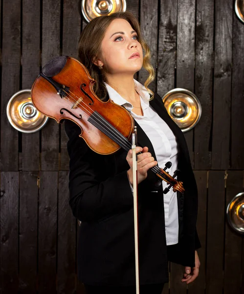 Young Woman Violin Dark — Stock Photo, Image