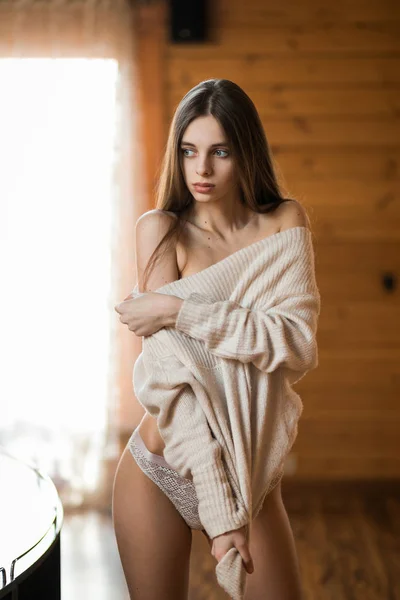 Beautiful Girl Jacket Panties Posing — Stock Photo, Image