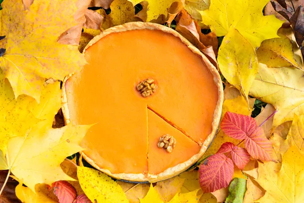 Tarte Citrouille Américaine Sur Fond Des Feuilles Tombées — Photo