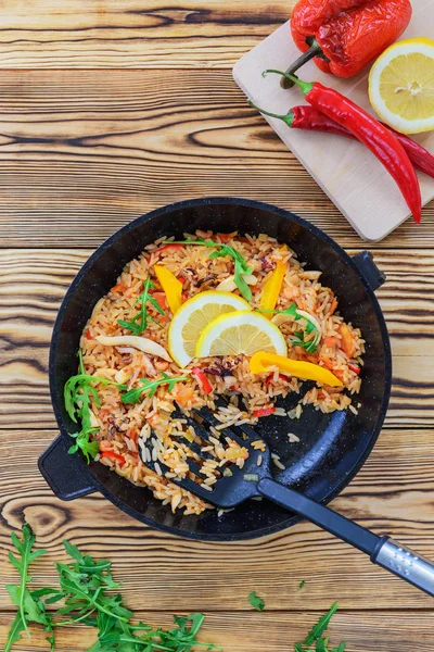 Paella Mariscos Una Sartén — Foto de Stock