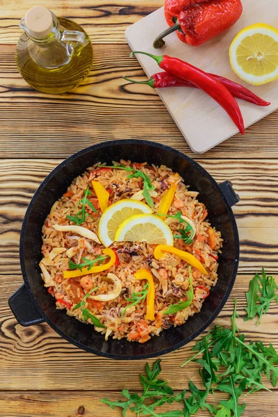 Meeresfrüchte Paella Der Pfanne — Stockfoto