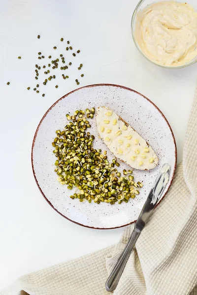 Beyaz bir masada filizlenmiş püre (mung fasulye) ve ev yapımı peynir sandviç