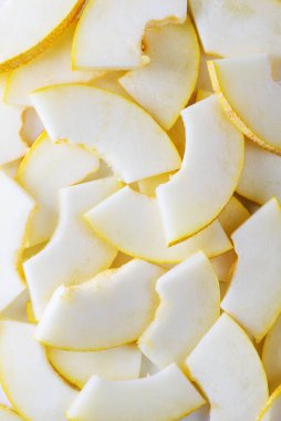 Arka plan olarak kavun dilimleri. Üst tegörüş, yakın çekim.