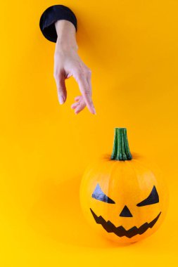 Halloween. Duvardaki bir delikten sürünen bir el ile turuncu bir arka plan üzerinde Kabak.