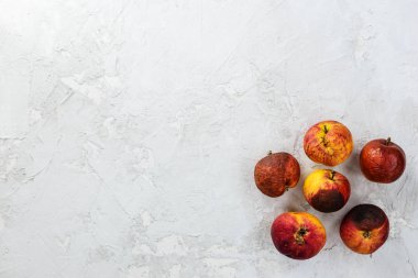 Gri arka planda çirkin çürük elmalar. Yatay yönelim, düz yatış.