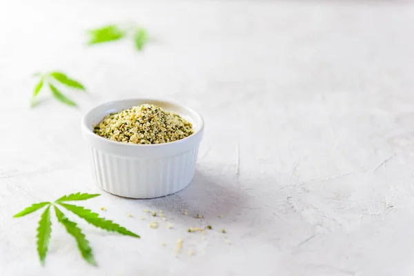 Hemp Seeds White Bowl Horizontal Orientation Copy Space — Stock Photo, Image