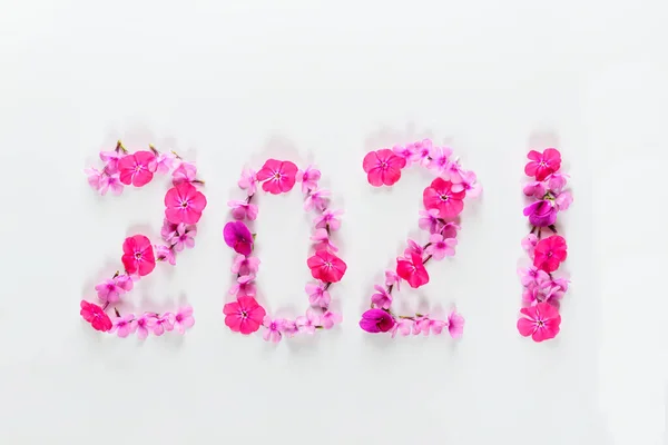 Number 2021 Pink Flowers White Background New Year Concept — Stock Photo, Image