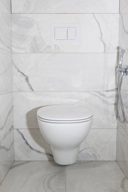 Gri kiremitlerin arka planında asılı duran klozet. Tadilattan sonra tuvaletin içi.