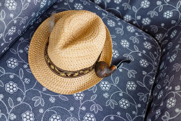 Blue Floral Print Seat Chair Lies Light Straw Hat Wooden — Stock Photo, Image