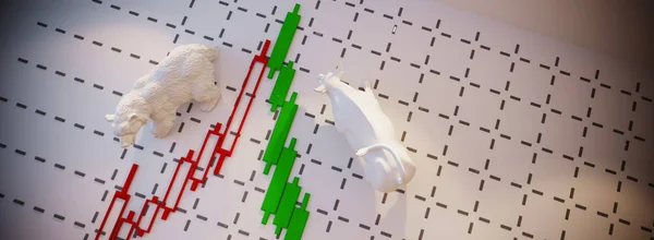 Bear Och Bull Kontoret Väggen Med Ljusstake Diagram Illustrerar Bull — Stockfoto