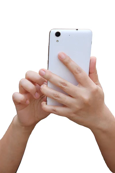 Mujer asiática sosteniendo la mano y el uso de teléfono inteligente muestran la parte posterior. i —  Fotos de Stock