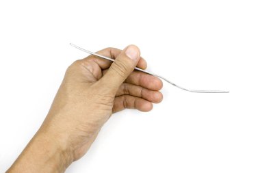 Bir erkek el tutan çatal, adam el beyaz arka plan üzerinde izole